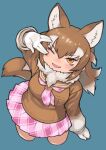  1girl animal_ears brown_hair brown_sweater eyebrows_visible_through_hair fang from_above fur_collar gloves highres japanese_wolf_(kemono_friends) kemono_friends long_hair long_sleeves multicolored_hair neckerchief one_eye_closed open_mouth orange_eyes pink_neckerchief pink_skirt plaid plaid_neckerchief plaid_skirt pleated_skirt rinx sailor_collar salute skirt solo sweater tail two-tone_hair vulcan_salute white_fur white_gloves white_hair wolf_ears wolf_girl wolf_tail 