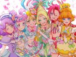  6+girls :d agnete_(precure) aqua_hair blonde_hair blush choker commentary_request cure_coral cure_flamingo cure_la_mer cure_oasis cure_papaya cure_summer dress earrings everyone fingerless_gloves fpminnie1 gloves gradient_hair green_eyes happy highres ichinose_minori jewelry laura_la_mer long_hair looking_at_viewer magical_girl midriff multicolored_hair multiple_girls natsuumi_manatsu navel one_eye_closed open_mouth orange_hair pink_hair precure purple_dress purple_hair redhead shirt skirt smile standing suzumura_sango takizawa_asuka tropical-rouge!_precure two-tone_hair v white_choker white_gloves yellow_choker 