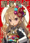  1girl :o absurdres aisaka_taiga bangs black_kimono brown_eyes brown_hair chinese_zodiac commentary_request dated doughnut_hair_ornament food-themed_hair_ornament hair_between_eyes hair_ornament hand_up happy_new_year highres japanese_clothes kimono kurokawa_heuy long_hair looking_at_viewer multicolored_background new_year obi open_mouth palmtop_tiger red_background sash tiger toradora! translation_request two-tone_kimono upper_body white_kimono year_of_the_tiger 