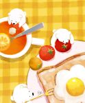  ._. animal animal_focus ao_(aohari) bear bread_slice breakfast cherry_tomato commentary_request cup drink egg_(food) flower_(symbol) food food_art food_focus fork fried_egg fried_egg_on_toast from_above from_side fruit highres holding holding_fork in_food leaning_forward lemon lemon_slice looking_away looking_down meal no_humans no_lineart original partially_immersed plaid plate polar_bear ripples shade shadow sidelighting signature spoon sugar_cube tablecloth tea teacup teaspoon toast tomato undersized_animal wide_shot 