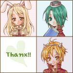  1girl 2boys acolyte_(ragnarok_online) animal_ears bangs biretta blonde_hair blush_stickers book brown_eyes brown_shirt capelet chibi closed_mouth coat commentary_request cowboy_shot expressionless eyebrows_visible_through_hair fake_animal_ears fake_horns green_eyes green_hair heart horns long_hair looking_at_viewer lowres multiple_boys priest_(ragnarok_online) rabbit_ears ragnarok_online red_coat shirt short_hair smile thank_you tsuki_miso white_capelet 