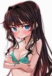  1girl bikini blue_bikini blue_eyes blush breasts brown_hair closed_mouth elisia_valfelto embarrassed hair_intakes highres long_hair looking_at_viewer luicent original simple_background small_breasts solo swimsuit upper_body wet wet_hair white_background 