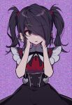  1girl absurdres ame-chan_(needy_girl_overdose) black_eyes black_hair black_ribbon eyebrows_visible_through_hair eyes_visible_through_hair hair_ornament hair_over_one_eye hairclip hands_on_own_cheeks hands_on_own_face heart highres looking_at_viewer medium_hair neck_ribbon needy_girl_overdose noise parted_lips ribbon short_sleeves skirt solo suspender_skirt suspenders toake_mikage twintails upper_body x_hair_ornament 