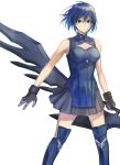  1girl bangs bare_shoulders black_gloves black_skirt blue_dress blue_eyes blue_hair blue_legwear breasts ciel_(tsukihime) cleavage_cutout closed_mouth clothing_cutout commentary dress floating_hair flyby64 gloves hair_between_eyes highres holding holding_sword holding_weapon looking_at_viewer medium_breasts miniskirt pleated_skirt powerd_ciel serious short_hair simple_background skirt sleeveless sleeveless_dress solo sword thigh-highs tsukihime tsukihime_(remake) weapon white_background 
