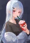  1girl absurdres bangs black_shirt breasts collarbone cup disposable_cup drinking_straw_in_mouth grey_sweater hair_behind_ear hair_ornament hairclip hakase_fuyuki highres holding holding_cup ichika_(ichika87) medium_breasts nijisanji off_shoulder pink_eyes shirt silver_hair solo starbucks sweater virtual_youtuber 