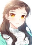  1girl brown_hair closed_mouth dress_shirt hair_over_shoulder idolmaster idolmaster_million_live! kitazawa_shiho long_hair looking_at_viewer portrait shiny shiny_hair shirt simple_background smile solo touon white_background white_shirt yellow_eyes 
