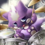 blue_eyes commentary_request drum drum_set drumsticks highres holding holding_drumsticks instrument no_humans pokemon pokemon_(creature) sasabunecafe sideways_glance sitting solo stool toes tongue tongue_out toxel 
