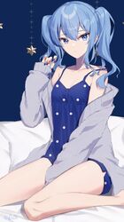  1girl alternate_costume alternate_hairstyle bangs bed_sheet blue_background blue_camisole blue_eyes blue_hair blue_nails camisole closed_mouth commentary earrings grey_sweater hand_up highres hololive hoshimachi_suisei jewelry legs long_hair looking_at_viewer no_pants off_shoulder polka_dot sitting sleepwear solo star_(symbol) star_earrings star_in_eye strap_slip sweater symbol_in_eye thighs wariza you06 