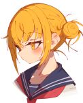  1girl beige_sweater blonde_hair blue_sailor_collar blush boku_no_hero_academia closed_mouth collarbone cropped_torso eyebrows_visible_through_hair hair_bun highres looking_to_the_side neckerchief rasusurasu red_neckerchief sailor_collar short_hair_with_long_locks sidelocks simple_background solo toga_himiko upper_body white_background yellow_eyes 