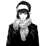  1girl blush closed_mouth cross eyelashes fur-trimmed_headwear fur_trim greyscale hat hatching_(texture) highres long_eyelashes looking_at_viewer medium_hair monochrome original patterned patterned_clothing santa_hat scarf simple_background solo tobita_nikiichi upper_body white_background 