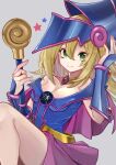  1girl bangs bare_shoulders blonde_hair blue_eyes blue_footwear blush boots breasts dark_magician_girl duel_monster hair_between_eyes hat highres holding holding_wand kisaki_ra long_hair looking_at_viewer off_shoulder smile solo thighs wand wizard_hat yu-gi-oh! yu-gi-oh!_duel_monsters yuu-gi-ou yuu-gi-ou_duel_monsters 