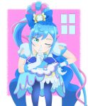  1girl :d blue_bow blue_hair blue_tanaka blush bow brooch cure_spicy delicious_party_precure detached_collar earrings fuwa_kokone gloves green_eyes hair_bow hair_ornament hair_rings heart heart_brooch highres jewelry long_hair looking_at_viewer magical_girl multicolored_hair open_mouth pink_hair ponytail precure puffy_sleeves smile solo two-tone_hair upper_body white_gloves 