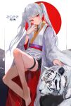  1girl absurdres animal bangs barefoot blush breasts closed_mouth commentary_request eyebrows_visible_through_hair foot_out_of_frame grey_hair grey_kimono hair_between_eyes hand_up highres ichika_(ichika87) japanese_clothes kimono leg_up long_hair looking_at_viewer nail_polish new_year original red_eyes red_nails sitting small_breasts smile solo thigh_strap tiger twintails wide_sleeves wristband 
