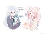  1girl 1other :&lt; :d ^_^ akiyama_mizuki bangs black_shirt blue_eyes blue_jacket blush bow bumgae cardigan closed_eyes commentary_request crossed_arms eighth_note glaceon highres holding holding_pokemon jacket korean_commentary korean_text long_sleeves musical_note pink_cardigan pink_hair pokemon pokemon_(creature) project_sekai shirt side_ponytail sidelocks simple_background smile sylveon translation_request white_background white_bow white_shirt yoisaki_kanade 