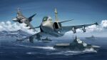  aircraft airplane clouds coat_of_arms commentary fighter_jet flying highres horizon jet military military_vehicle missile mountain mountainous_horizon ocean ost02 saab_gripen ship sky svenska_flygvapnet tre_kronor visby-class_corvette warship watercraft waves 