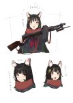  1girl animal_ears bangs black_hair blush dog_ears girls_frontline hair_ornament highres holding holding_weapon image_sample kilabo long_hair long_sleeves looking_at_viewer open_mouth red_eyes red_scarf scarf simple_background solo surprised twitter_sample type_100_(girls&#039;_frontline) weapon white_background 