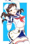  1girl ;d arm_up blue_background blue_sailor_collar blue_shorts border brown_hair collarbone collared_shirt floating_hair gloves hat idolmaster idolmaster_million_live! kitazawa_shiho long_hair looking_at_viewer midriff mini_hat navel necktie one_eye_closed open_mouth outline outside_border red_necktie sailor_collar sailor_shirt shiny shiny_hair shirt short_shorts short_sleeves shorts smile solo stomach thigh-highs touon white_border white_gloves white_headwear white_legwear white_shirt yellow_eyes zettai_ryouiki 