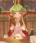  1girl :t absurdres ahoge bangs blunt_bangs bow braid brown_gloves candle cape closed_mouth commission cup dress eating fire_emblem fire_emblem_awakening food fork fruit gloves green_hair head_tilt highres holding holding_fork indoors kiriyama2109 light_smile long_hair looking_at_viewer nah_(fire_emblem) plant pointy_ears potted_plant red_bow red_cape saucer signature sitting skeb_commission solo strawberry strawberry_shortcake teacup twin_braids twintails violet_eyes white_dress window 