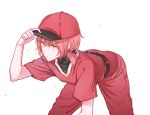  1girl baseball_cap baseball_uniform closed_mouth commentary expressionless eyebrows_visible_through_hair feet_out_of_frame hand_on_headwear hat highres jersey koito_yuu leaning_forward pants red_headwear red_pants red_shirt redhead shirt short_sleeves short_twintails simple_background solo sportswear spotlight_l sweat twintails white_background yagate_kimi_ni_naru yellow_eyes 