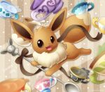  :d brown_eyes brown_ribbon character_name commentary_request cup eevee full_body highres holding holding_spoon liquid looking_to_the_side no_humans open_mouth pokemon pokemon_(creature) ribbon sasabunecafe smile solo spoon teacup tongue 