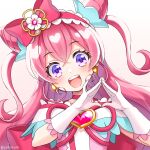  1girl :d blush bow choker cure_precious delicious_party_precure double_bun earrings flower frilled_hairband frills gloves hair_bow hair_cones hair_flower hair_ornament hairband heart heart_brooch jewelry long_hair looking_at_viewer magical_girl nagomi_yui open_mouth pink_bow pink_choker pink_hair pink_hairband precure shiny shiny_hair simple_background smile solo twitter_username upper_body violet_eyes white_background white_gloves yukinko_(yukiwork) 