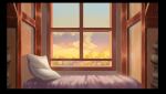  absurdres bed black_border border clouds day english_commentary high_guardian_spice highres jason_hazelroth no_humans pillow scenery window 