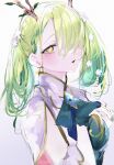  1girl absurdres artist_request bad_link bangs blush branch ceres_fauna flower green_hair hair_flower hair_ornament hair_over_eyes hand_up highres hololive hololive_english leaf looking_at_viewer looking_to_the_side medium_hair open_mouth twintails white_background yellow_eyes 