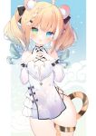  1girl :p ahoge animal_ear_fluff animal_ears blonde_hair braid breasts curly_hair dress hands_on_own_chest heterochromia highres long_hair original own_hands_together ribbon short_dress small_breasts smile solo tail tail_around_leg thigh_gap thighs tiger_ears tiger_girl tiger_tail tongue tongue_out tsukimi_(xiaohuasan) twintails white_dress 