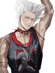  1boy absurdres arm_up black_tank_top brown_eyes collar earrings fishnet_fabric fishnet_shirt fishnets garou_(one-punch_man) highres jewelry male_focus mesh muscular muscular_male one-punch_man short_hair smile solo spiked_collar spikes spiky_hair tank_top teeth thisuserisalive upper_body white_hair 