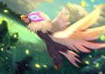  animal_focus bird clouds commentary_request day flying from_side glowing grass highres hisuian_braviary leaves_in_wind macham_jaeger motion_blur no_humans outdoors pokemon pokemon_(creature) sky solo 