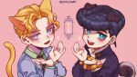  2boys animal_ears black_hair blonde_hair blue_eyes blush cat_ears cat_tail chibi diamond_wa_kudakenai dog_ears dog_tail formal gakuran higashikata_josuke jojo_no_kimyou_na_bouken kira_yoshikage male_focus multiple_boys necktie school_uniform sempon_(doppio_note) suit tail violet_eyes 