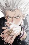  1boy absurdres black_nails black_shirt bracelet brown_eyes garou_(one-punch_man) highres jewelry looking_at_viewer male_focus multiple_rings nail_polish one-punch_man own_hands_together ring shirt short_hair solo spiky_hair thisuserisalive upper_body white_hair 