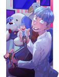  1boy absurdres blue_hair doll hanstrmoft highres jerry_smith labcoat male_focus open_mouth rick_and_morty rick_sanchez sitting smile solo stuffed_animal stuffed_toy tooth_gap 