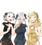  3girls absurdres ahoge alternate_costume blonde_hair braid breasts chinese_clothes fire_emblem fire_emblem_fates grey_hair highres long_hair looking_at_viewer medium_breasts medium_hair multiple_girls nina_(fire_emblem) open_mouth ophelia_(fire_emblem) sophie_(fire_emblem) thighs twin_braids upper_body v yog09 