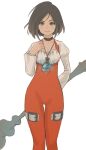  1girl black_hair bodysuit brown_eyes choker closed_mouth commentary final_fantasy final_fantasy_ix garnet_til_alexandros_xvii jamauchi jewelry looking_at_viewer necklace orange_bodysuit short_hair simple_background smile solo staff weapon white_background 