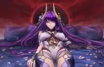  1girl absurdres armor bodysuit breasts genshin_impact hair_ornament helmet highres japanese_armor kabuto long_hair looking_at_viewer lying medium_breasts nepsulyn petals purple_hair raiden_shogun signature smile solo thigh-highs violet_eyes 