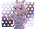  1girl :o animal_ears artist_name backlighting blurry blush bokeh bow bowtie brooch coat depth_of_field diffraction_spikes gloves hair_bow hair_ornament hairclip happy_meek_(umamusume) heart heart_hands horse_ears jewelry looking_at_viewer medium_hair pink_eyes puffy_short_sleeves puffy_sleeves puzzle157xxx shirt short_sleeves solo sweat uma_pyoi_densetsu umamusume upper_body vest white_coat white_gloves white_shirt 