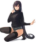  1girl alternate_costume black_hair black_legwear black_sweater blush breasts denim denim_shorts eyebrows_visible_through_hair full_body hair_between_eyes highres kantai_collection kasumi_(skchkko) large_breasts long_hair long_sleeves nagato_(kancolle) open_mouth red_eyes ribbed_sweater short_shorts shorts simple_background solo sweater thigh-highs turtleneck turtleneck_sweater white_background 