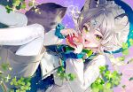  +++ 1girl animal_ears doughnut felis food green_eyes indie_virtual_youtuber leaf looking_at_viewer pale_skin plant shokames silver_hair solo tail virtual_youtuber 