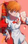  1girl angry apron blue_eyes character_name clenched_teeth commentary cowboy_shot dress eyebrows_visible_through_hair food frilled_apron frills fruit hand_on_hip hand_up heart_apron highres holding holding_food honla interface_headset long_hair long_sleeves maid_apron neon_genesis_evangelion orange_background orange_hair pen red_dress simple_background solo souryuu_asuka_langley strawberry strawberry_shortcake teeth twintails white_apron 