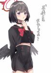  1girl :o absurdres akutaa arm_behind_back bangs black_choker black_hair black_sailor_collar black_serafuku black_skirt black_wings blue_archive bow choker crop_top feathered_wings feet_out_of_frame finger_to_own_chin halo high-waist_skirt highres light_blush mashiro_(blue_archive) midriff_peek parted_lips red_bow sailor_collar school_uniform serafuku simple_background skirt solo violet_eyes white_background wings 