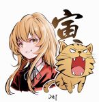  1girl aisaka_taiga bangs blazer blonde_hair commentary_request cropped_torso da-cart grin jacket long_hair looking_at_viewer palmtop_tiger red_jacket signature simple_background smile solo tiger toradora! translation_request upper_body white_background yellow_eyes 