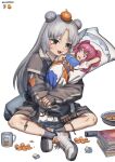  1girl arm_behind_head arm_up belt blush breasts brown_eyes cheek_squash crossed_ankles d: dakimakura_(object) double_bun eyebrows_visible_through_hair food food_on_head fruit fruit_on_head full_body grey_hair hair_bobbles hair_ornament highres indian_style jacket long_hair looking_at_another mandarin_orange medium_breasts object_on_head onozuka_komachi original pillow puffy_short_sleeves puffy_sleeves rbfnrbf_(mandarin) red_eyes redhead sanpaku scythe short_sleeves simple_background sitting sleeves_past_wrists solo touhou two_side_up very_long_hair white_background wide-eyed 