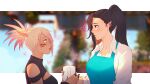  2girls animal_ears apron avatar_(ff14) black_hair blonde_hair blurry blurry_background cat_ears dark-skinned_female dark_skin earrings elezen elf final_fantasy final_fantasy_xiv heart highres hilda_ware hybrid hyur jewelry koyorin long_hair looking_at_another miqo&#039;te multiple_girls pointy_ears ponytail red_eyes short_hair upper_body 