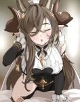  :o animal_ears blush breasts brown_hair closed_eyes detached_sleeves extra_ears frilled_sleeves frills galleon_(granblue_fantasy) granblue_fantasy highres horns large_breasts long_hair multicolored_hair pelvic_curtain pointy_ears streaked_hair user_shgr3333 very_long_hair 