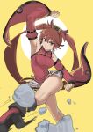 1girl absurdres armpits china_dress chinese_clothes detached_sleeves dress eyebrows_visible_through_hair fighting_stance frip guilty_gear guilty_gear_xrd hair_ring highres kicking kuradoberi_jam looking_at_viewer red_dress rock solo twintails yellow_background