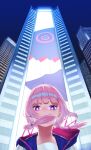  1girl blue_eyes building city commentary_request covered_mouth fuurin_sou highres hood hood_down hooded_jacket jacket kaf_(kamitsubaki_studio) kamitsubaki_studio long_hair multicolored_eyes night night_sky outdoors pink_hair pink_pupils sky skyscraper solo twintails upper_body virtual_youtuber 