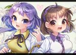  2girls :d ahoge bangs black_ribbon blush breasts brown_eyes brown_hair chain cuffs eyebrows_visible_through_hair grey_background hair_behind_ear hairband hand_up heart highres ibaraki_natou long_sleeves looking_at_viewer multiple_girls neck_ribbon open_mouth purple_hair ribbon shackles shirt siblings simple_background sisters small_breasts smile teeth tongue touhou tsukumo_benben tsukumo_yatsuhashi upper_body violet_eyes white_background white_shirt wing_collar 