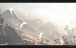  artist_name bird blurry blurry_background commentary_request dated day english_commentary feathers fog highres letterboxed mixed-language_commentary monochrome mountain no_humans original outdoors partial_commentary scenery signature tree waisshu_(sougyokyuu) 