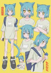  1girl ? animal animal_ear_fluff animal_ears animal_print backpack bag black_eyes black_footwear blue_bag blue_hair blush cat_print cellphone character_name closed_mouth clothes_writing collarbone crossed_arms crying crying_with_eyes_open earphones earphones eyebrows_visible_through_hair fang fish fish_in_mouth food_in_mouth hair_between_eyes hamafugu highres holding holding_animal holding_fish holding_phone keychain light_blue_hair medium_hair open_mouth original phone pout puffer_fish shoes simple_background sketch skin_fang sneakers solo tail tears yellow_background yellow_eyes 